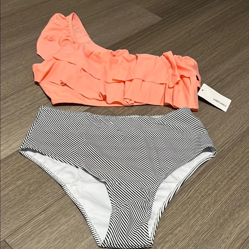 Coral Ruffle Bikini Top and Striped Bottom